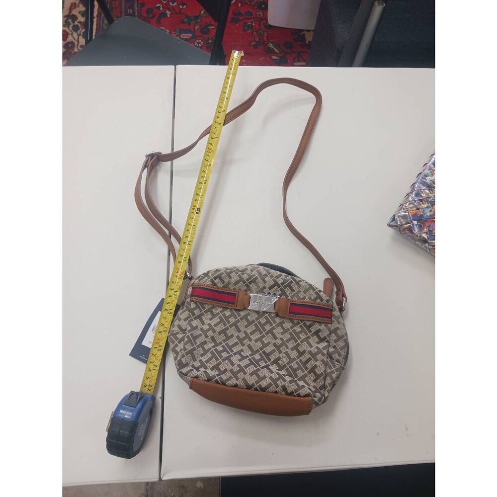 Tommy Hilfiger crossbody canvas signature print adjustable strap leather trim